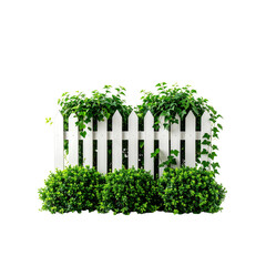 Fototapeta premium Charming white picket fence with vibrant greenery on transparent background