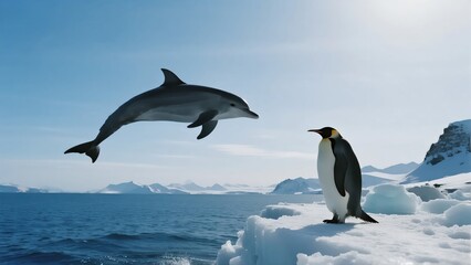 Obraz premium A composite image of a jumping dolphin and an emperor penguin standing on an icy shore, with snowy mountains in the background.