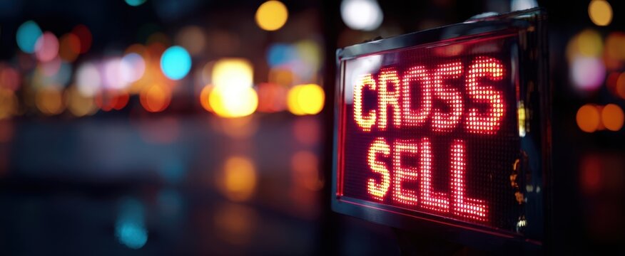 The illuminated sign displaying 'CROSS SELL' in a vibrant urban setting.