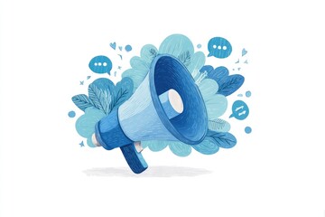 A light blue megaphone, surrounded by soft, pastel blue abstract leaves and speech bubbles, on a white background.  Hand-drawn style