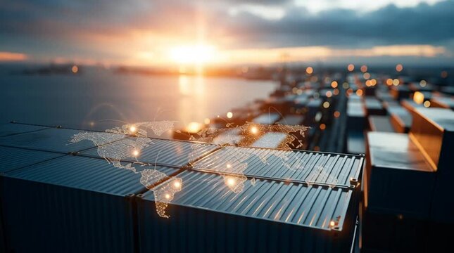 Global Logistics: A captivating scene of cargo containers in a harbor, with a world map overlay signifying global trade and interconnectedness during the sun setting.