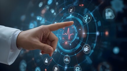 Doctor’s Hand Touching Virtual Medical Screen with Data Icons
