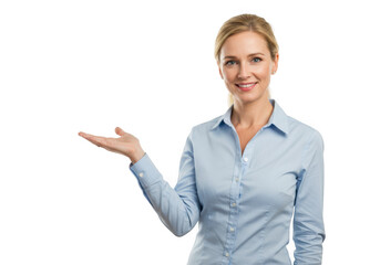 Smiling businesswoman presenting with open hand isolated on transparent background