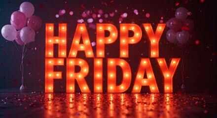 Bright illuminated marquee sign spelling out happy friday with glowing lights and bokeh background, symbolizing celebration and the start of the weekend
