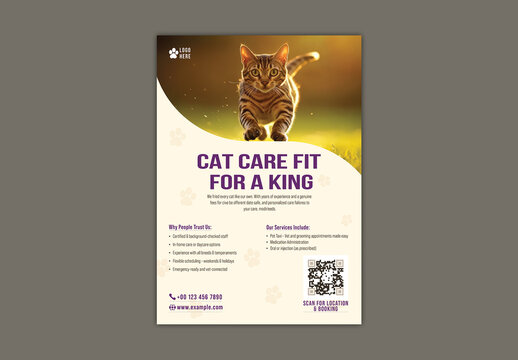 Cat Care Services Flyer Template with Running Cat and Editable QR Code for Pet Clinic or Boarding.