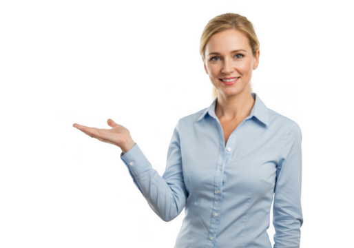 Smiling businesswoman presenting with open hand isolated on transparent background