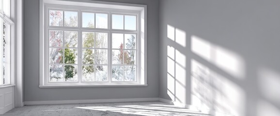 Empty room with large window overlooking snowy landscape. Sunlight casts shadows on walls