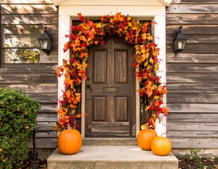 Naklejka premium Rustic door decorated for autumn season with pumpkins and leaves