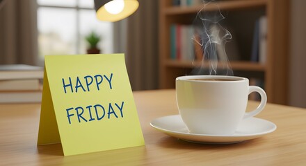 Happy friday message on a yellow sticky note next to a steaming cup of hot coffee on a wooden desk in an office setting, symbolizing the start of the weekend