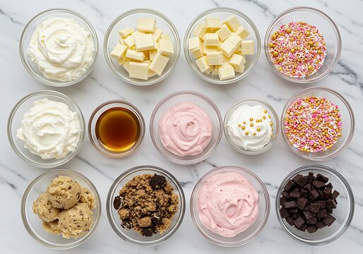 Overhead view of a variety of dessert toppings in glass bowls