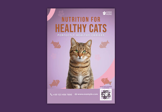 Healthy Cat Nutrition Flyer Template with Cute Tabby Cat and Editable Details.