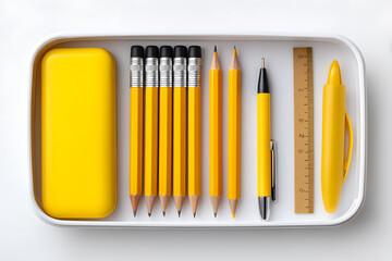 Neatly packed yellow pencil case with pencils, pen, ruler, eraser and sharpener. Clean layout for school ads, e-learning visuals, or student kits.