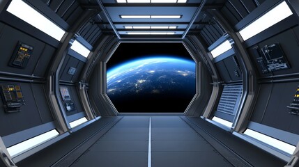 Spaceship interior. View on open space or planet. Futuristic sci-fi laboratory or corridor with neon light.