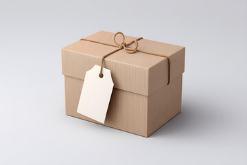 Flat parcel-style kraft gift box with name tag and envelope on beige background. Ideal for shipping mockups, eco packaging, or holiday mailing visuals.