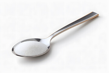 Teaspoon filled with white sugar on minimal white background. Suitable for food mockups, nutrition visuals, or product packaging.