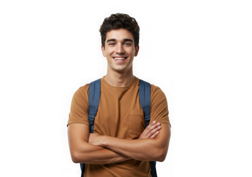 Ai generated image of young man with backpack smiling, isolated on transparent background