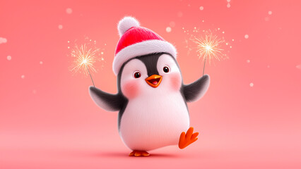 Merry Christmas. Cute, funny and cheerful penguin in Santa hat with sparklers. Funny cartoon baby penguin smiling on pink background