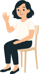 A welcoming illustration of a young woman sitting casually on a chair, offering a friendly greeting with a wave and a smile