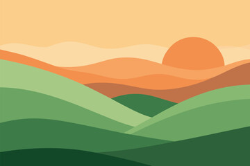 Obraz premium Vector art of abstract rolling hills with warm orange and green tones at sunset