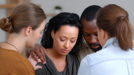 Obraz premium Friends comforting a crying woman. Emotional support and empathy during difficult moment, symbolizing friendship, care, and mental health.