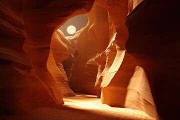 Red sandstone canyon, moonlit passage
