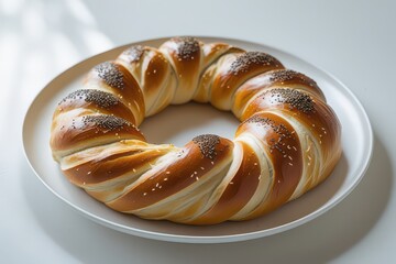 Baked Obwarzanek Krakowski bread ring on a white plate with sesame seeds and poppy seeds