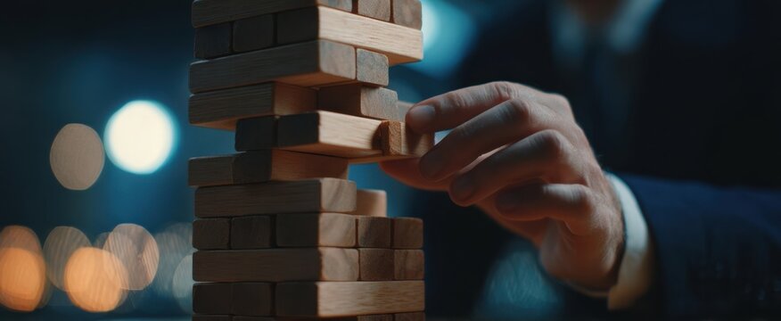 The strategic hand carefully removing a block from a Jenga tower.