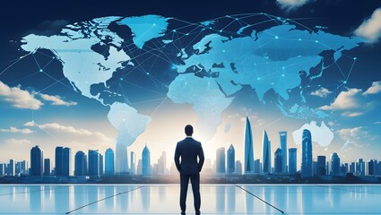 Global business network with diverse people and a silhouette of a businessman on a world map