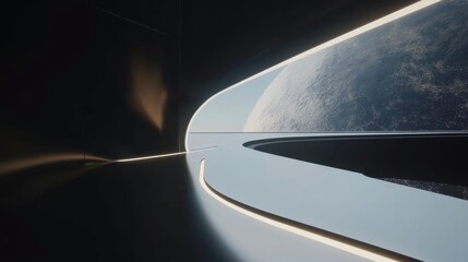 Spaceship interior. View on open space or planet. Futuristic sci-fi laboratory or corridor with neon light.
