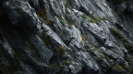 Close-up view of layered gray rocks, covered in moss and small yellow plants