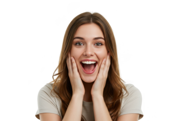 Young woman expressing surprise and excitement isolated on transparent background