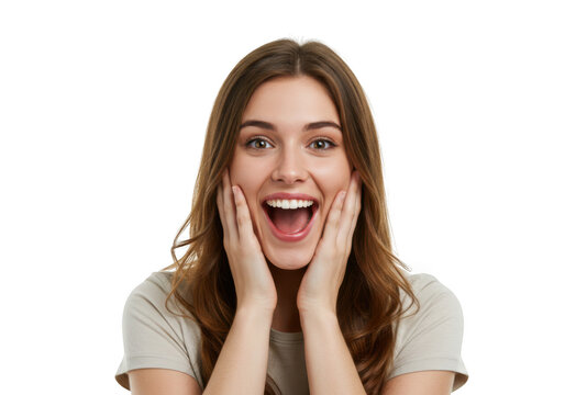 Young woman expressing surprise and excitement isolated on transparent background - Powered by Adobe