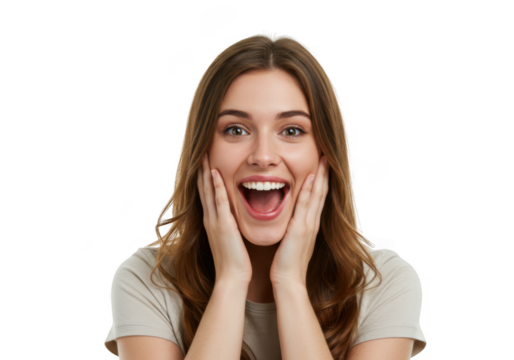 Young woman expressing surprise and excitement isolated on transparent background