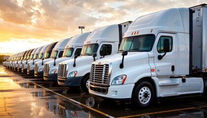 Trucking operation event freight yard vehicle fleet evening sunlight ground level logistics efficiency