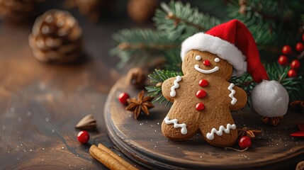 Gingerbread man cookie wearing a red Santa hat, placed on a wooden plate. Surrounding elements include pine branches, red berries, and cinnamon sticks.