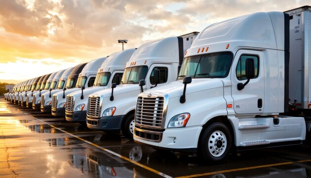 Trucking operation event freight yard vehicle fleet evening sunlight ground level logistics efficiency