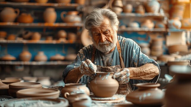 An elderly Caucasian man with gray hair and a beard is shaping clay on a pottery wheel. He is surrounded by various pottery pieces in a workshop.
