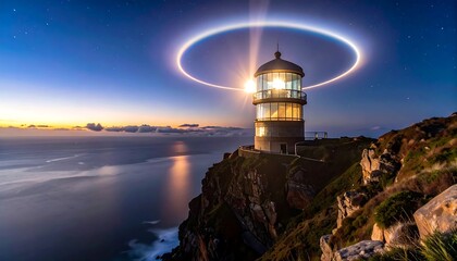 Lighthouse Beam at Dusk on Cliff Overlooking Ocean