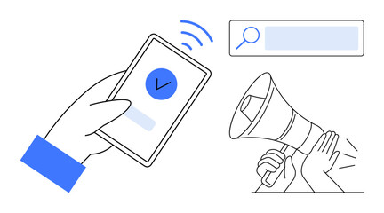 Hand holding smartphone with check mark, search bar, and hands holding megaphone. Ideal for technology, marketing, social media, communication, advertising, branding simple landing page