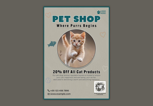 Cat Food Promotional Flyer with Tabby Cat with Pet Food Dispensers, Editable Design.