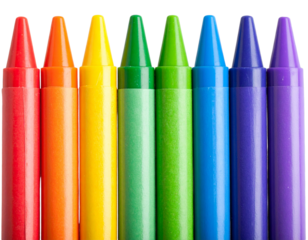 Set of Colorful Wax Crayons Aligned in a Row, Tip Facing Forward, isolated on transparent background PNG