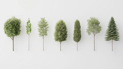 Variety of Green Trees on White Background Representing Ecological Diversity