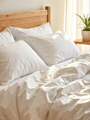 Cozy morning routine in a bright bedroom soft bedding natural light relaxed atmosphere