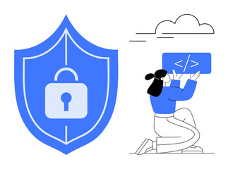 Locked shield and kneeling woman coding in blue tones, cloud and code elements combined. Ideal for cybersecurity, programming, cloud storage, tech safety, privacy, software development, simple