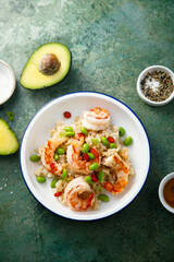 Rice bowl with shrimps and edamame beans