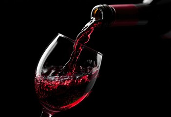 Red wine being poured into a glass. Dark background. Close-up