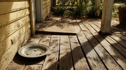 Old porch with weathered wood, a metal dish, and shadows