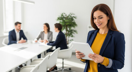 Fototapeta premium Confident Businesswoman Using Tablet in Modern Office with Colleagues in Background