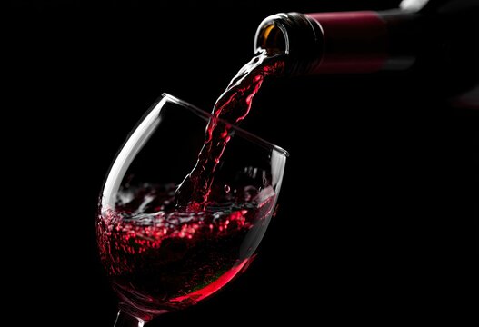 Red wine being poured into a glass.  Dark background.  Close-up