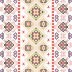 Orange and yellow vector abstract damask seamless pattern with ornamental geometric ornament. Design for wallpaper, elaborate border, and textiles. Kente cloth.